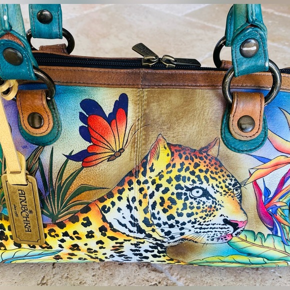 Anuschka Hand Painted Leather Leopard Wide Organizer Satchel - Picture 2 of 8